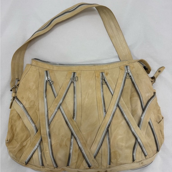 Balmain Beige Leather Shoulder Bag with Zipper Accents
